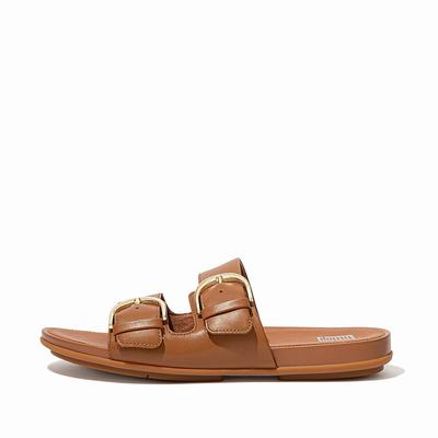 Fitflop Women's GRACIE Buckle Leather Slides Sandals - Light Brown, QB1203758